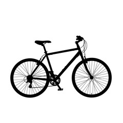 A profile view of a bicycle silhouette, showcasing the details of its frame and wheels against a plain white background.