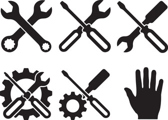 Black icons of crossed wrenches screwdrivers gears and hand on white tool