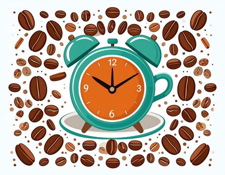 Teal alarm clock surrounded by coffee beans