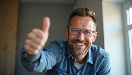 Happy man with glasses giving thumbs up. Positive gesture of approval, success. Smiling male expressing satisfaction, joy. Celebrating victory, agreement, great job. Optimistic person, feeling