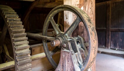 Close-up of aged metal gears and wheel in rustic wooden structure