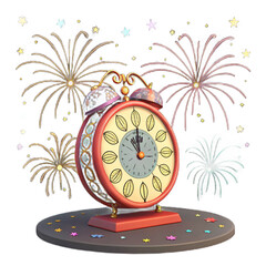 Vintage alarm clock on a pedestal with fireworks exploding in the background isolated on transparent background