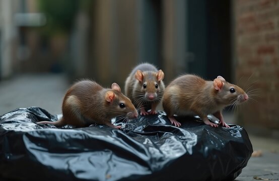 Three rats explore black plastic garbage bags in city alley during daytime. Agility, adaptability evident as navigate urban environment searching for food. Close-up shot captures survival behavior in