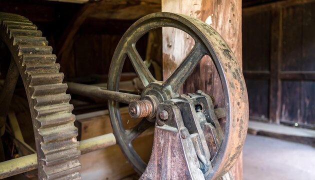 Close-up of aged metal gears and wheel in rustic wooden structure