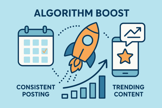 Algorithm boost rocket launching consistent posting trending content success