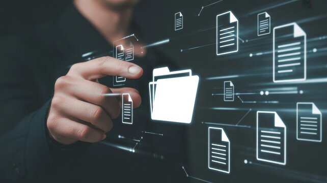 Digital File Management: A person interacts with an array of digital document icons, indicating data storage, organization, and efficient workflow.