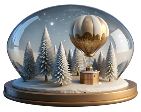 Whimsical winter snow globe scene featuring a golden hot air balloon floating above a miniature forest and a tiny wooden house isolated on transparent background
