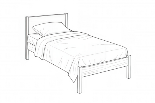 Simple, clean line drawing of a single bed, perfect for various design projects needing a bed illustration with transparent background