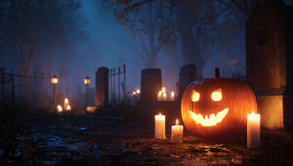 Halloween night scene with pumpkin and candles in a graveyard.