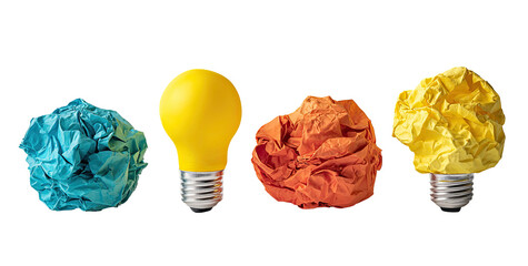 Four colorful light bulbs; two are yellow incandescent light bulbs, one is a crumpled ball of light teal paper, and one is a crumpled ball of light orange paper
