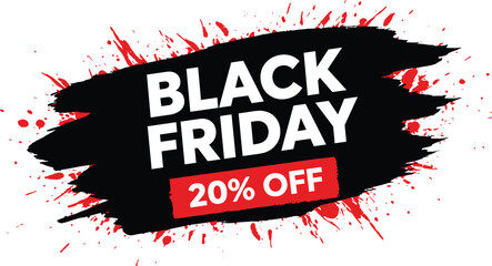 Black Friday sale brush banner, 20% off promo label, red splash background, bold grunge design, retail discount campaign template