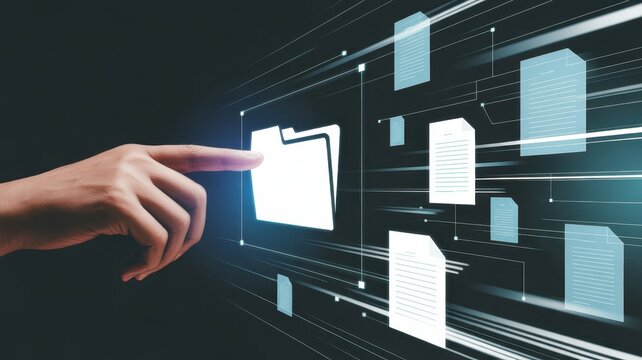 Digital Data Connection: A futuristic visualization depicts a hand interacting with digital data files and a folder, symbolizing access, management.