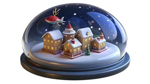 Charming miniature christmas village scene inside a glass snow globe with falling snowflakes isolated on transparent background