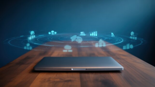 Tech and digital connection: a modern laptop sits centered on a rustic wooden table, while holographic digital icons represent digital concepts and data in modern technology. - Powered by Adobe