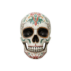 Colorful sugar skull with decorative patterns isolated on transparent background  