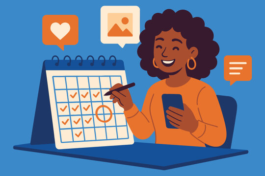 Woman planning her schedule and tasks on a calendar with social media icons