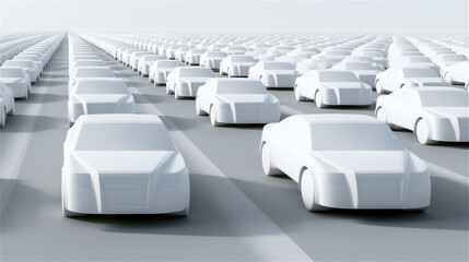 Fototapeta premium White concept cars in futuristic parking lot, minimal automotive design symbolizing technology, innovation, sustainability, mobility and modern lifestyle with abstract copy space.