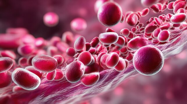 Detailed View Showing Numerous Red Blood Cells Flowing Through a Blood Vessel, Illustrating Biological Processes and Microscopic Details