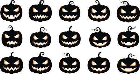 Set of sixteen scary Halloween pumpkin silhouettes, black jack-o'-lanterns, spooky faces, Halloween decorations, evil expressions, Halloween pumpkin designs