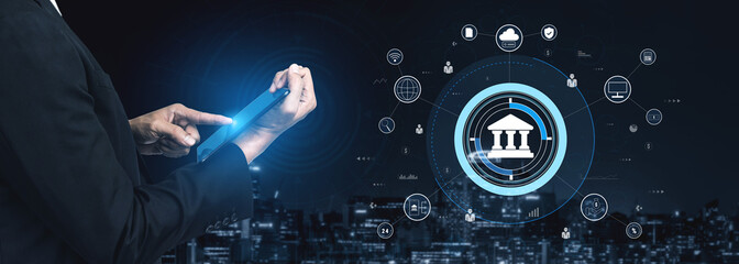 A global FinTech and digital banking network technology concept. A central financial system connected to the worldwide digital economy and services. Motif