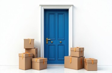 Fototapeta premium Cardboard boxes delivered to blue door. Packages with ribbons on white wall background. Online shopping, e-commerce concept. Delivery service, postal service, home delivery.
