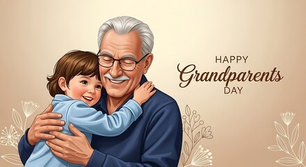 A heartwarming illustration for happy grandparents day, showing a smiling grandfather embracing his grandchild with love and affection