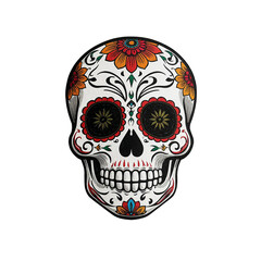 Colorful sugar skull design with floral patterns isolated on transparent background  