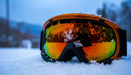 Ski Goggles Lens Macro with Snowflakes. Winter concept. Generated Image.