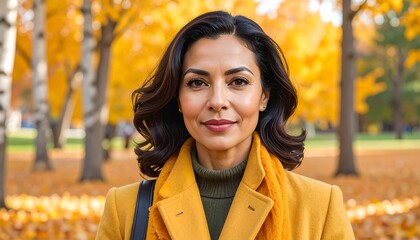 Charming woman enjoying autumn season with the golden backdrop portrait