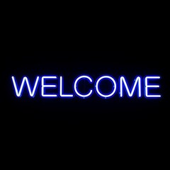 A vibrant neon sign, glowing with welcoming blue light, displays the word "WELCOME" against a deep black background.