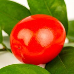 Close-up of a vibrant red fruit nestled among lush green leaves