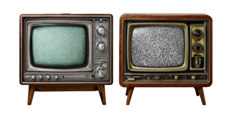 Two vintage televisions, one displaying static, the other a muted green-tone image, both with wooden cabinets