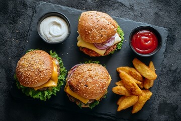 Delicious cheeseburgers fries ketchup white sauce prepared and presented on dark slate