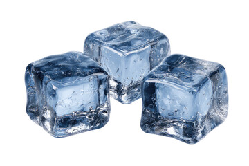 Three ice cubes, slightly overlapping,  displaying clear,  light-blue translucence