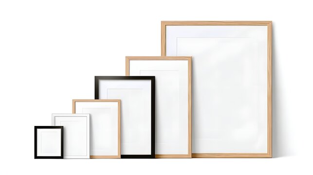 Set of blank empty picture frames in various sizes and colors.