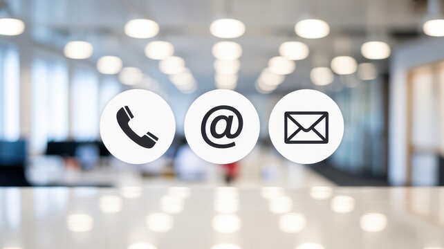 Contact Icons: Clear icons representing the ways to connect with business, a phone, email symbol, and a letter icon. In the background a modern office blurred.