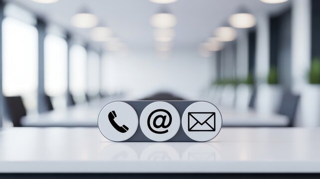 Contact Icons on Conference Table: A clear display of contact icons—phone, email, and message—placed prominently on a modern conference table, symbolizing communication options in a business setting.