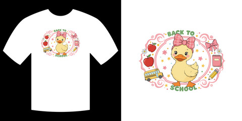 School Duckling: An endearing illustration of a cheerful duckling, adorned with a bow, embodies the excitement of a new school year, with playful design perfect for educational projects.