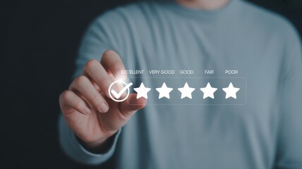 Customer's Satisfaction: The image showcases a person's hand interacting with a digital interface, selecting the highest rating to express satisfaction.