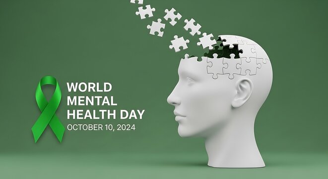 World mental health day illustration with a human head made of puzzle pieces, symbolizing mental health awareness and the importance of wellbeing