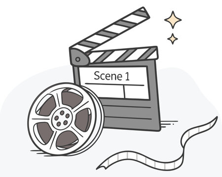 Illustration of Film Industry Elements including a Clapperboard Film Reel and Stars on White Background