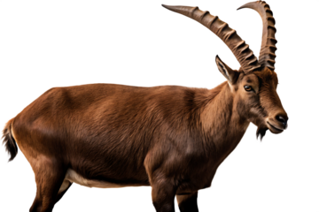 Majestic brown goat with curved horns isolated on a transparent background