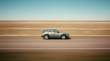 Obraz premium Car driving fast on empty desert road with blurred motion, symbolizing speed, freedom and modern transport. Copy space makes it ideal for automotive and lifestyle advertising.