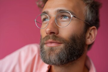 Fototapeta premium Pensive caucasian male adult with glasses against pink background