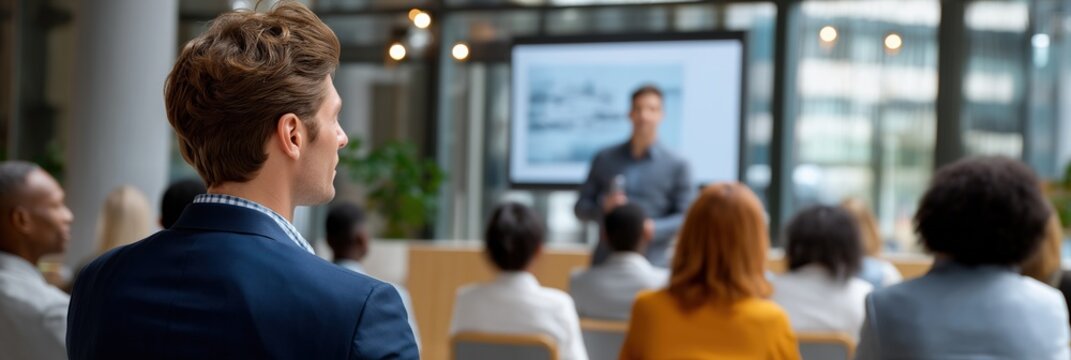 Business seminar with diverse audience listening to speaker in modern office setting