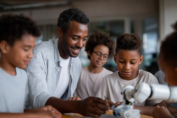 African male adult teaching robotics to diverse young children in classroom