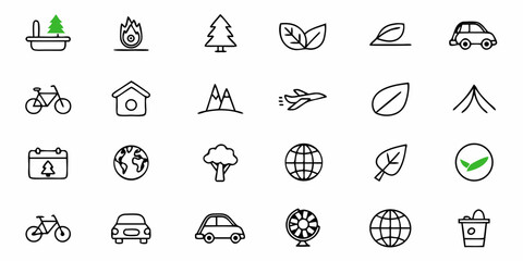 Stunning collection of hand-drawn icons representing eco-friendly living, travel, and nature concepts for modern design projects