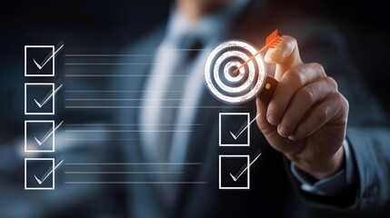 A businessman targeting a goal with a dartboard and checkmarks, symbolizing success and achievement