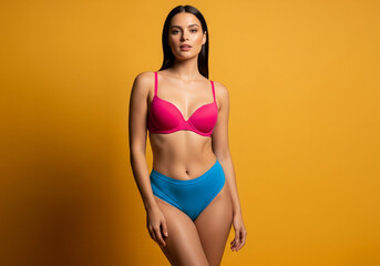 Fototapeta premium Femme sensuelle et élégante en lingerie sur fond uni studio et couleur pop