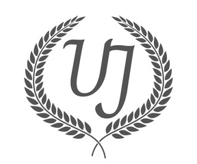 Initial letter U and J, UJ monogram logo design with laurel wreath. Luxury calligraphy font.